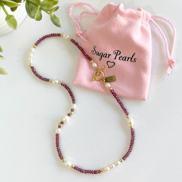 Freshwater Pearl, Garnet & 14K Gold Necklace - Picture 2 of 8